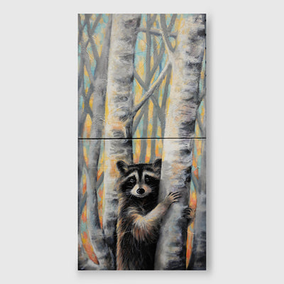 Raccoon in Birches (diptych) - Wynne Parkin