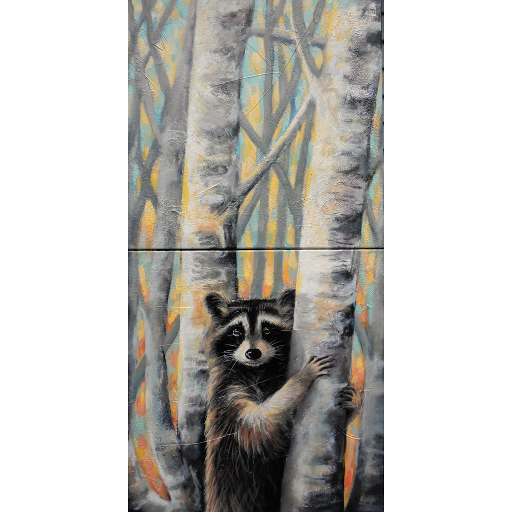 Raccoon in Birches (diptych) - Wynne Parkin-Painting-Eclipse Art Gallery